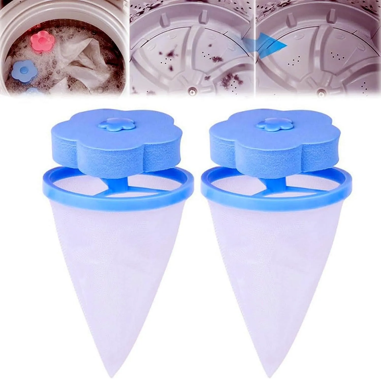 2024 New Floating Hair Filtering Mesh Removal, Lint Catcher for Washing Machine Wool Device, Reusable Laundry Lint Mesh Bag Pet Hair Remover for Laundry (B- Blue-2PCS)