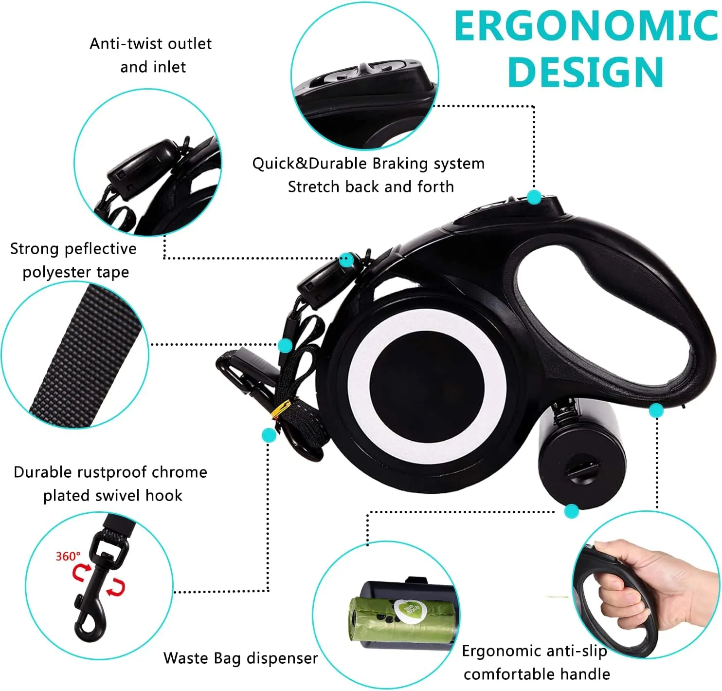 26 ft Heavy Duty Retractable Dog Leash, 360 Tangle Free Pet Walking Leash for Dogs with Anti-Slip Handle/Dispenser/Waste Bags, One-Hand Brake/Pause/Lock for Small/Medium/Large Dog or Cat(8M, Black)