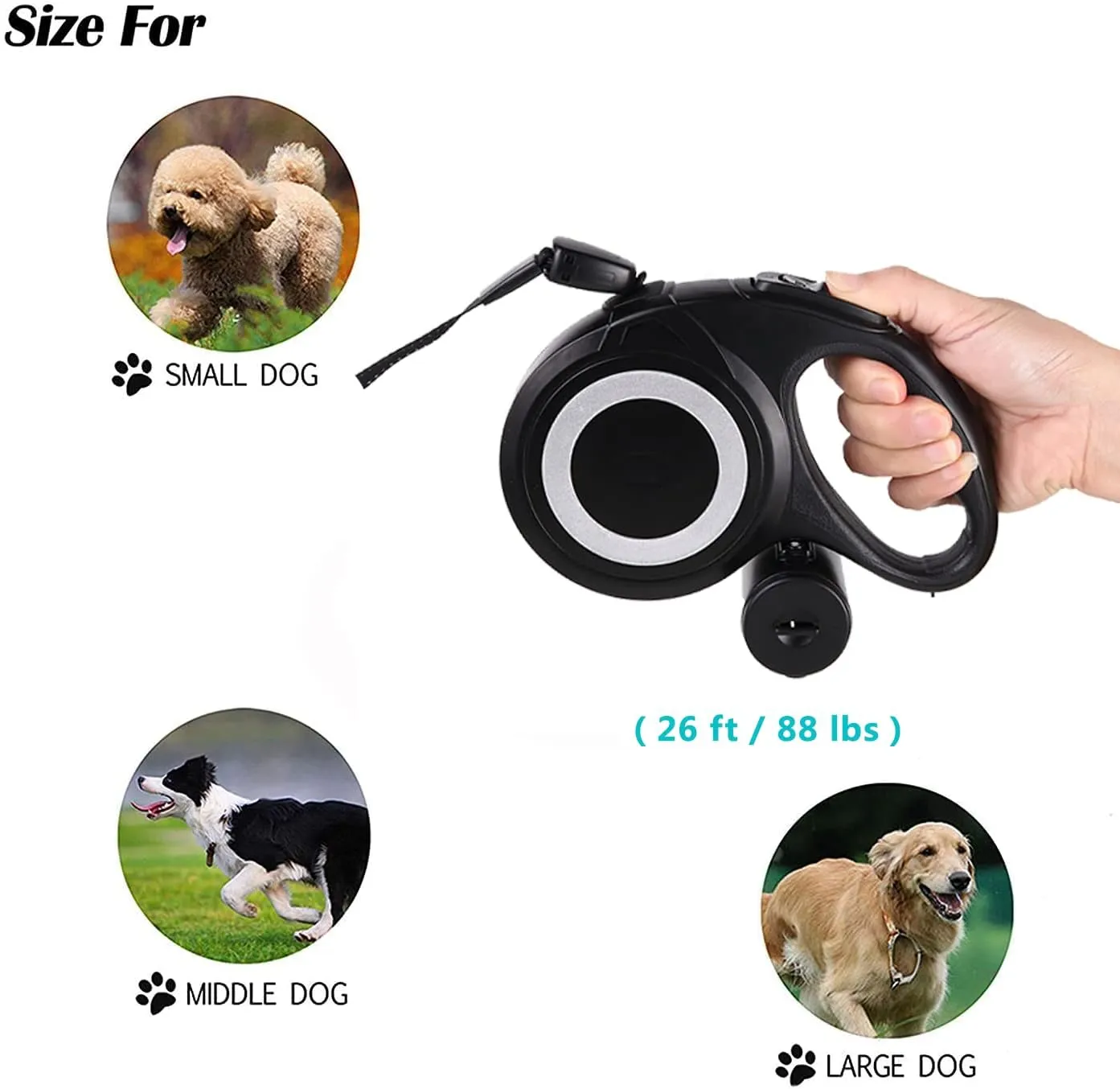 26 ft Heavy Duty Retractable Dog Leash, 360 Tangle Free Pet Walking Leash for Dogs with Anti-Slip Handle/Dispenser/Waste Bags, One-Hand Brake/Pause/Lock for Small/Medium/Large Dog or Cat(8M, Black)