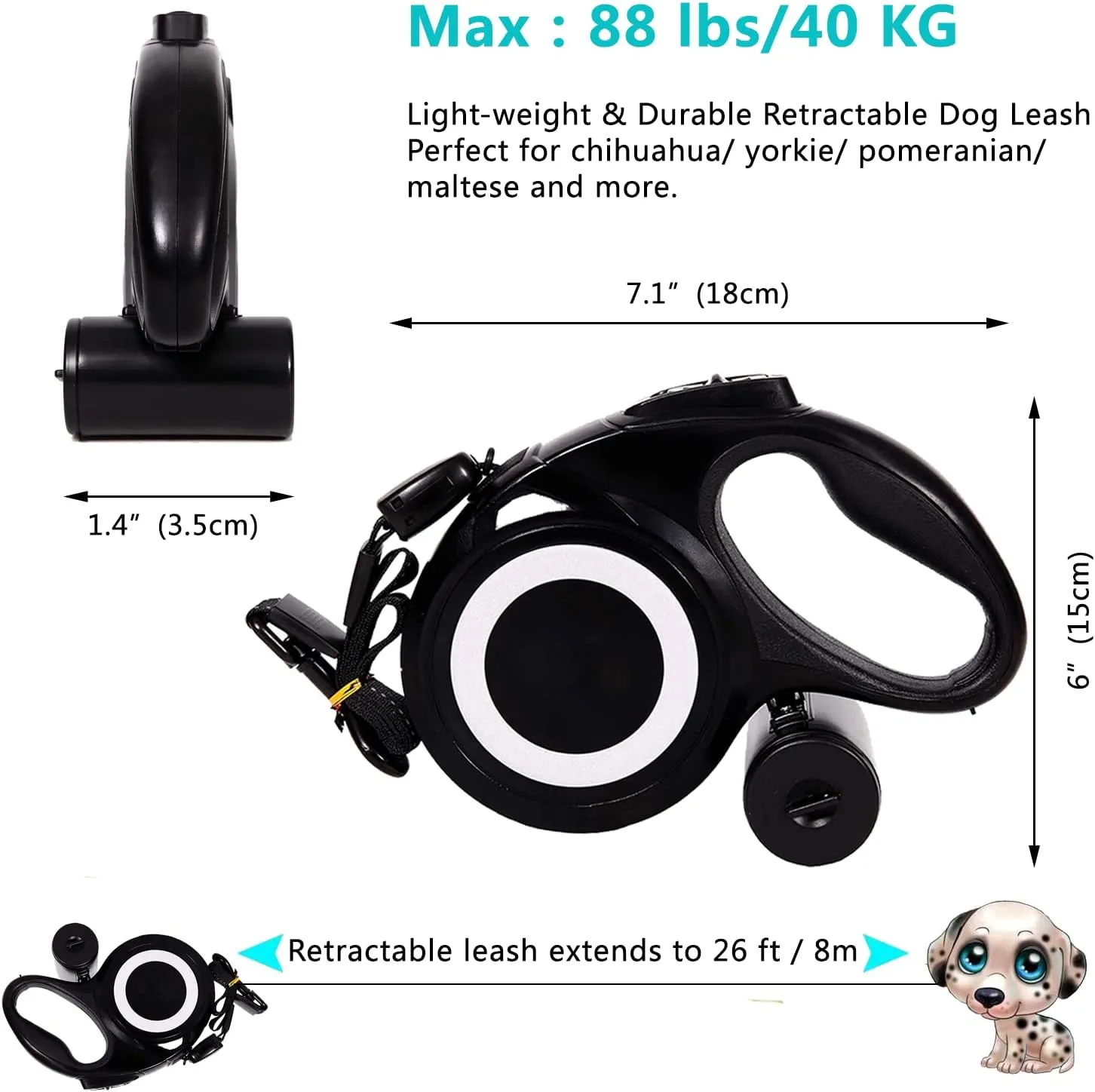 26 ft Heavy Duty Retractable Dog Leash, 360 Tangle Free Pet Walking Leash for Dogs with Anti-Slip Handle/Dispenser/Waste Bags, One-Hand Brake/Pause/Lock for Small/Medium/Large Dog or Cat(8M, Black)