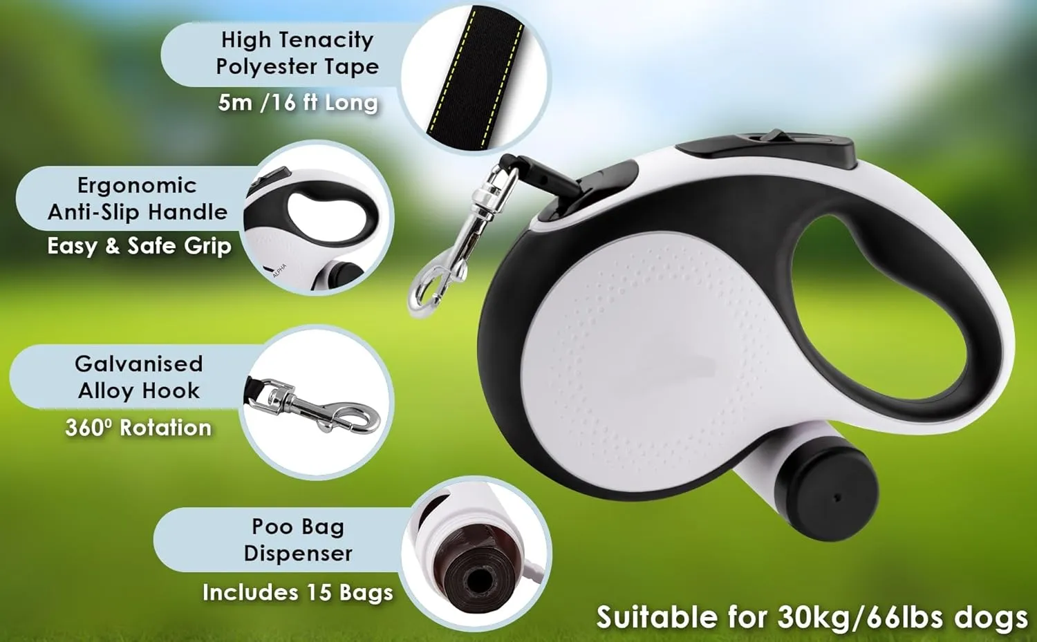 360 Tangle-Free Retractable Dog Lead with Detachable Poo Bag Holder & 15 Poo Bags Included | Strong 5m Extendable Nylon Tape | Anti-Slip Handle | Dog Training Leash | for Dogs Up to 30kg