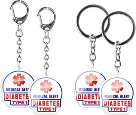 4pc Type1 Diabetes Alert Keychains - 2-Sided Allergy Tags for Bags/Zipper Pulls (Adult & Child)