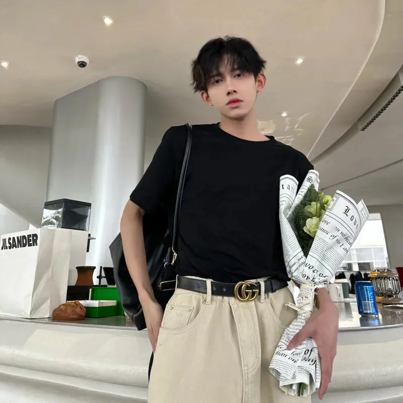 Advbridge -  Youth Men Cotton Harajuku Solid Color T Shirts Mens Classical Style Tee Male Oversized Vintage Round Neck Tops E210