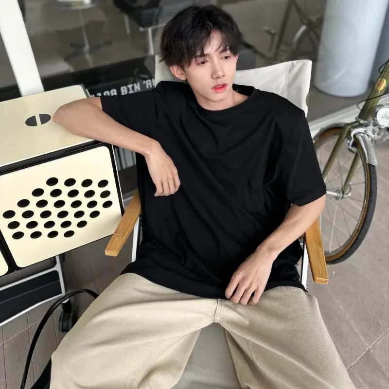 Advbridge -  Youth Men Cotton Harajuku Solid Color T Shirts Mens Classical Style Tee Male Oversized Vintage Round Neck Tops E210