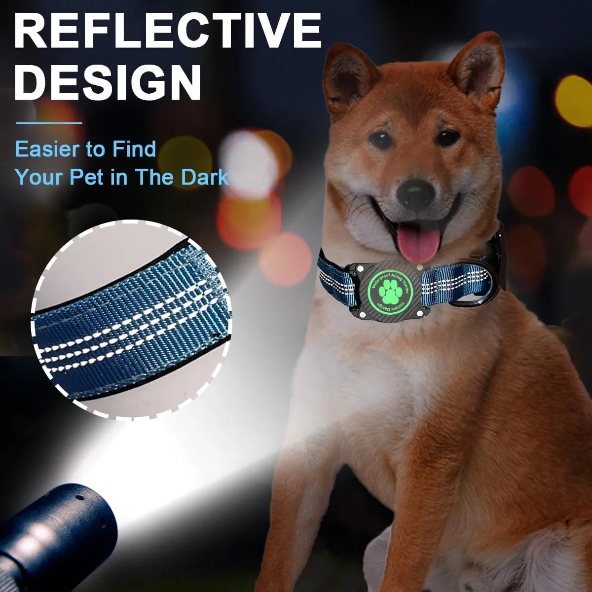 Airtag Dog Collar, Waterproof Air Tag Holder Dog Collar, Luminous & Reflective, Comfortable Padded, Adjustable Pet Collar for Small Medium Large Heavy Duty Dogs,Blue, L