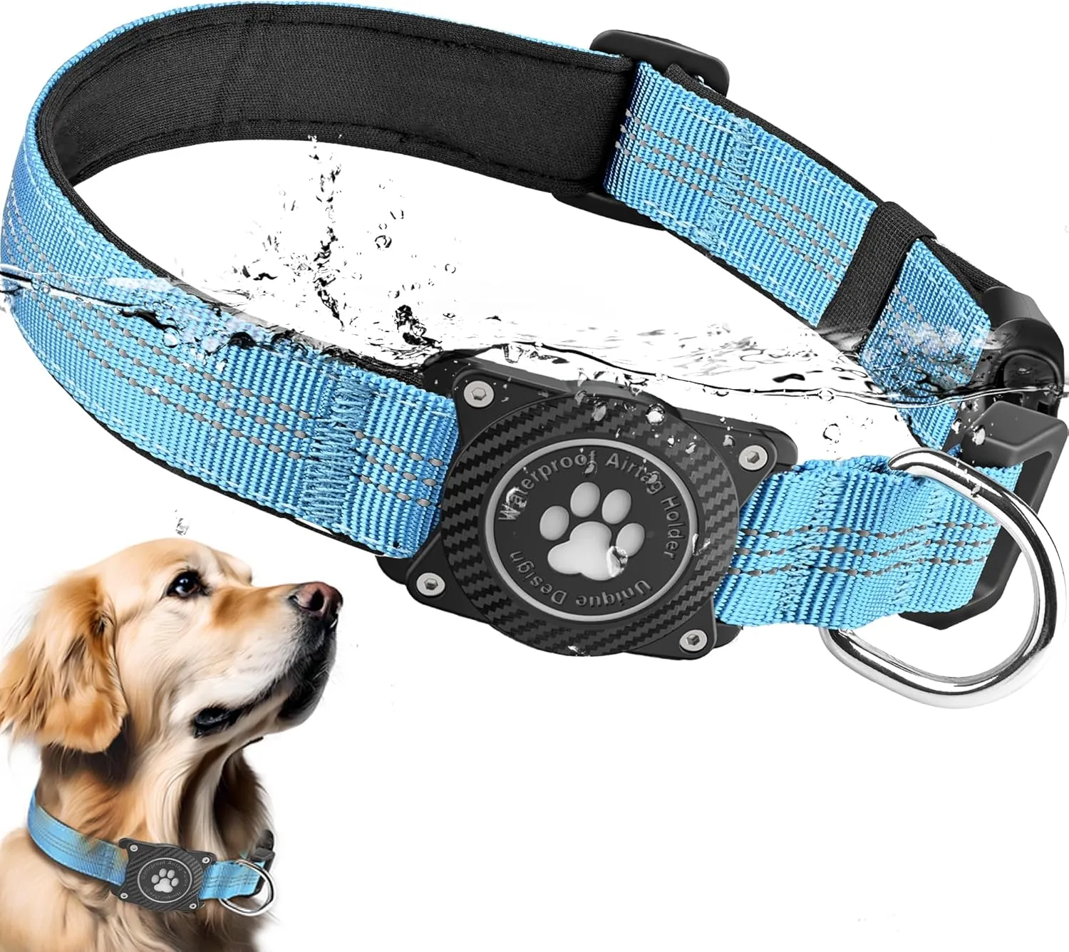 Airtag Dog Collar, Waterproof Air Tag Holder Dog Collar, Luminous & Reflective, Comfortable Padded, Adjustable Pet Collar for Small Medium Large Heavy Duty Dogs,Blue, L