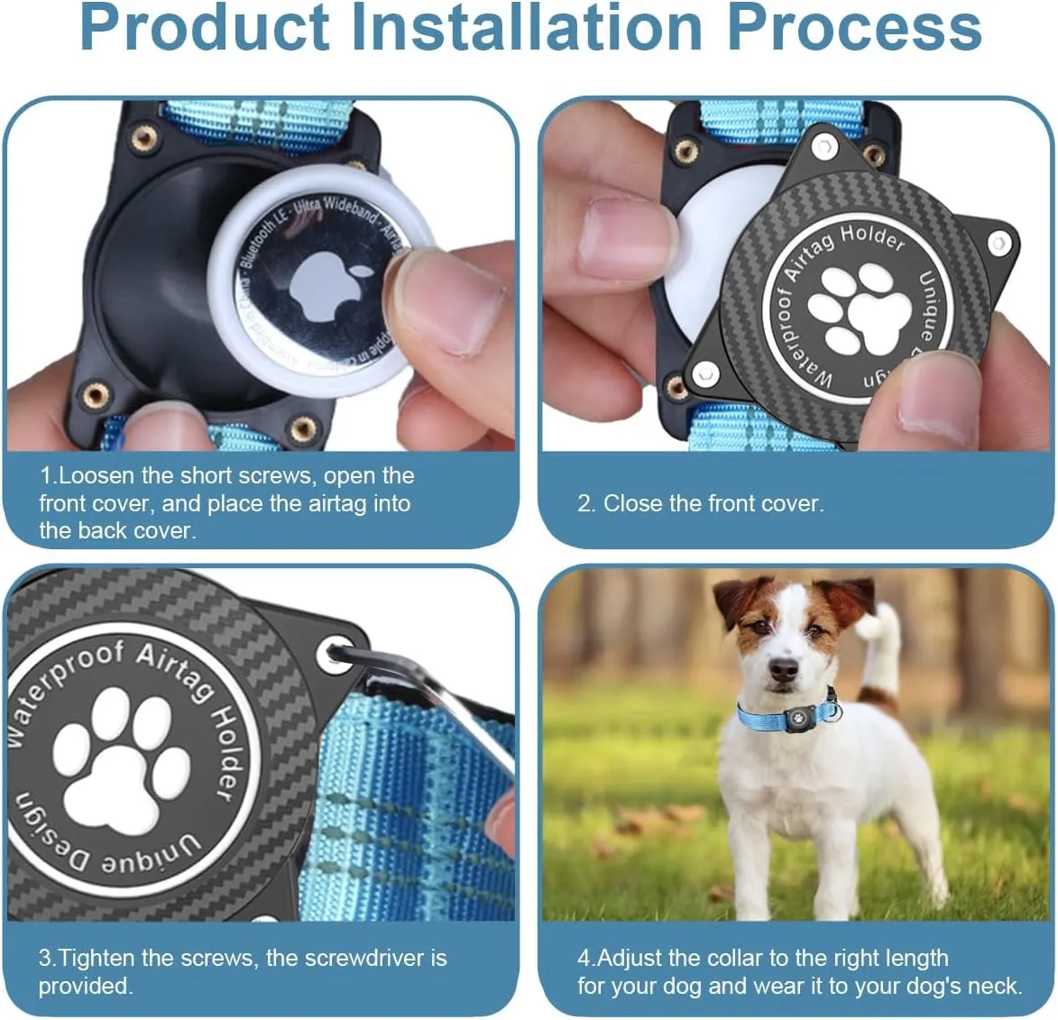 Airtag Dog Collar, Waterproof Air Tag Holder Dog Collar, Luminous & Reflective, Comfortable Padded, Adjustable Pet Collar for Small Medium Large Heavy Duty Dogs,Blue, L