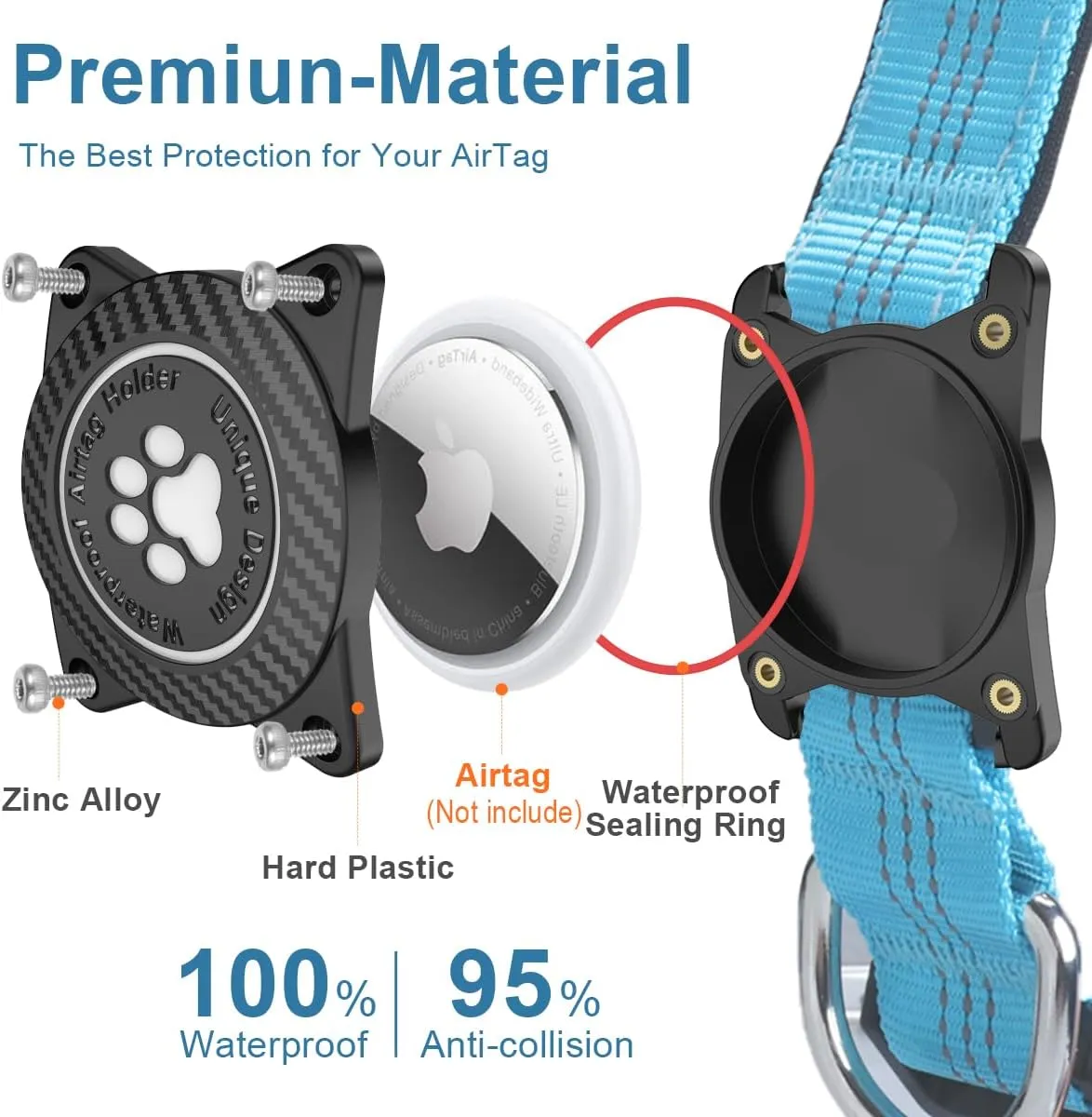 Airtag Dog Collar, Waterproof Air Tag Holder Dog Collar, Luminous & Reflective, Comfortable Padded, Adjustable Pet Collar for Small Medium Large Heavy Duty Dogs,Blue, L