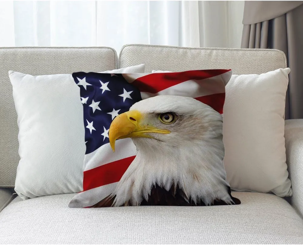 American Flag Eagle Pillow Covers Decorative Cool Big Eagle USA Flag Happy Independence Day 4th of July Throw Pillow Cases 18 x 18 Inch Cotton Linen Cushion Cover for Men Women Dark Blue White