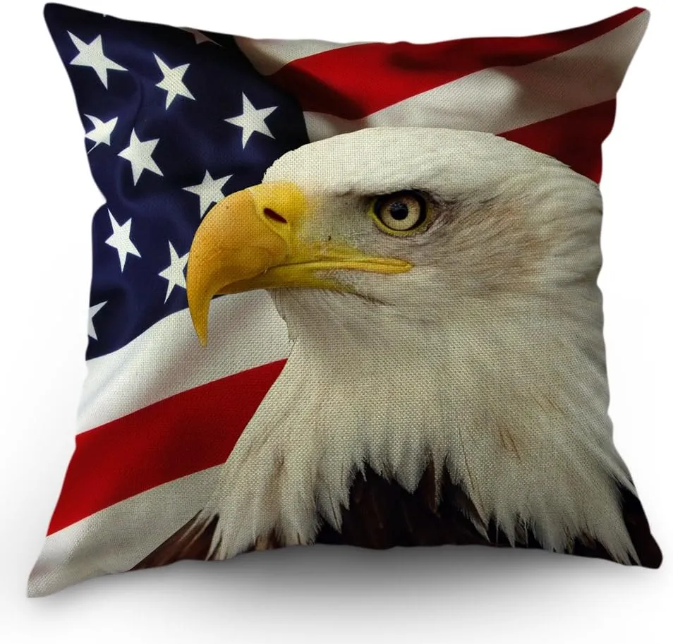 American Flag Eagle Pillow Covers Decorative Cool Big Eagle USA Flag Happy Independence Day 4th of July Throw Pillow Cases 18 x 18 Inch Cotton Linen Cushion Cover for Men Women Dark Blue White