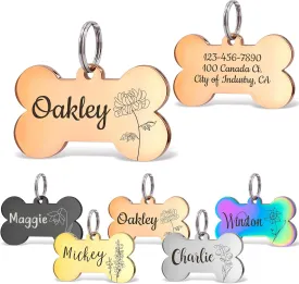 Anavia Floral Pet ID Tags, Birth Month Flowers Theme Dog Tag Round Bone Shape Cat Name Tag, Glossy Stainless Steel Gold Plated Dog Collar Tag (Bone Shape - Rose Gold, Medium)