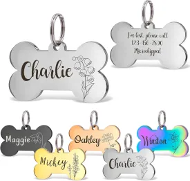 Anavia Floral Pet ID Tags, Birth Month Flowers Theme Dog Tag Round Bone Shape Cat Name Tag, Glossy Stainless Steel Gold Plated Dog Collar Tag (Bone Shape - Silver, Medium)