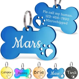 Anavia Paw Print Pet ID Tags, S/M/L Personalized Color Plated Stainless Steel Cat Dog Tags, Customized Engraved Glossy Dog Name Tag Pet Collar Tag (Blue, Bone-Large)