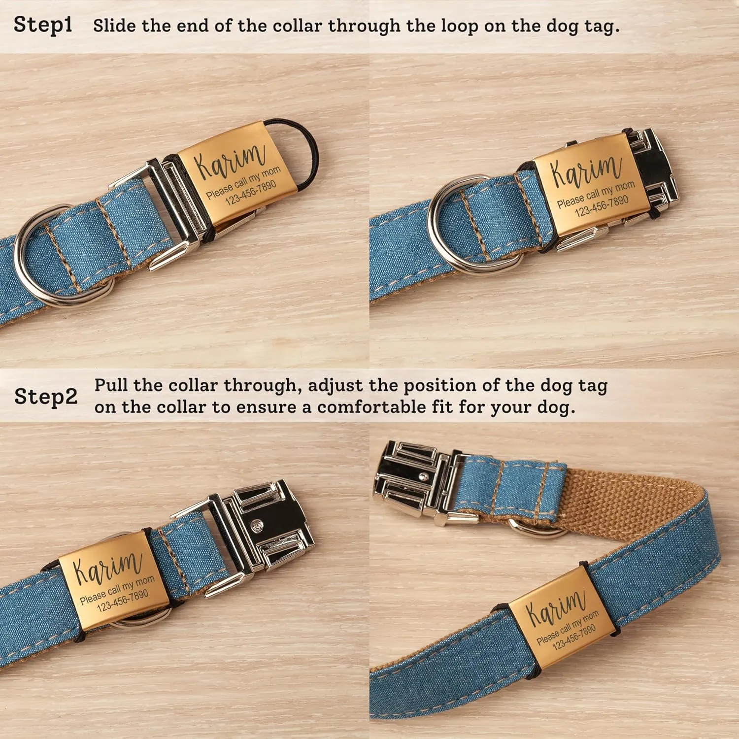 Anavia Slide On Silent Pet ID Tags, S/M/L/XL Personalized Stainless Steel Cat Dog Tag with Elastic Fabric Band, Engraved Nameplate Quiet Chew-Proof Pet Collar Tag (Silver, Large)