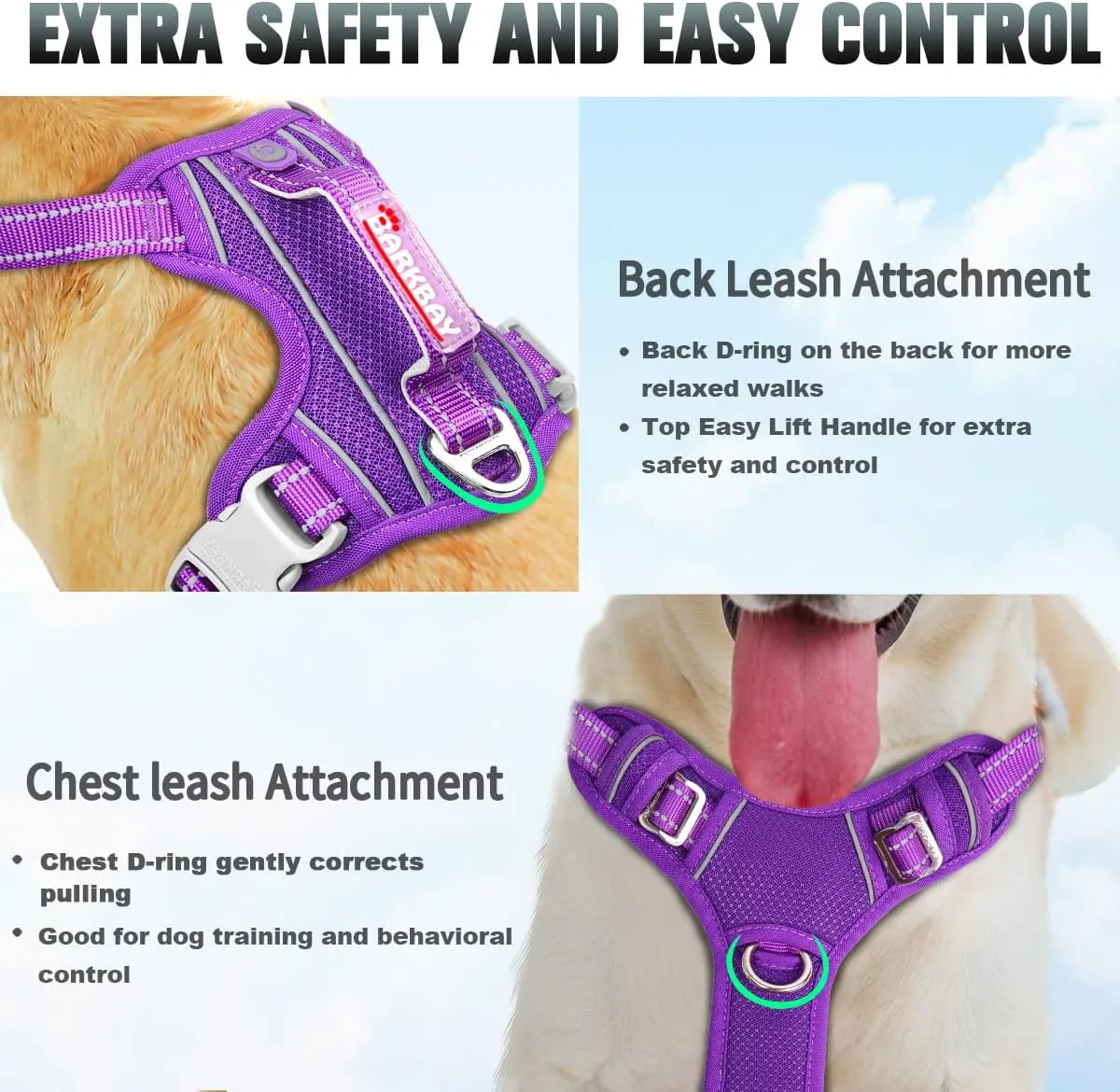 BARKBAY No Pull Dog Harness Large Reflective Dog Harness with Front Clip and Easy Control Handle for Walking Training Running with ID tag Pocket(Purple,L)