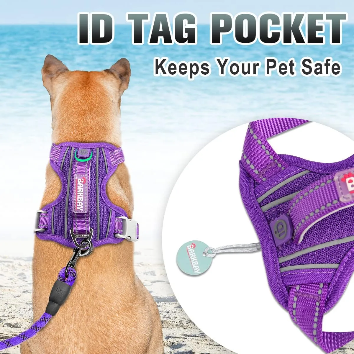 BARKBAY No Pull Dog Harness Large Reflective Dog Harness with Front Clip and Easy Control Handle for Walking Training Running with ID tag Pocket(Purple,L)