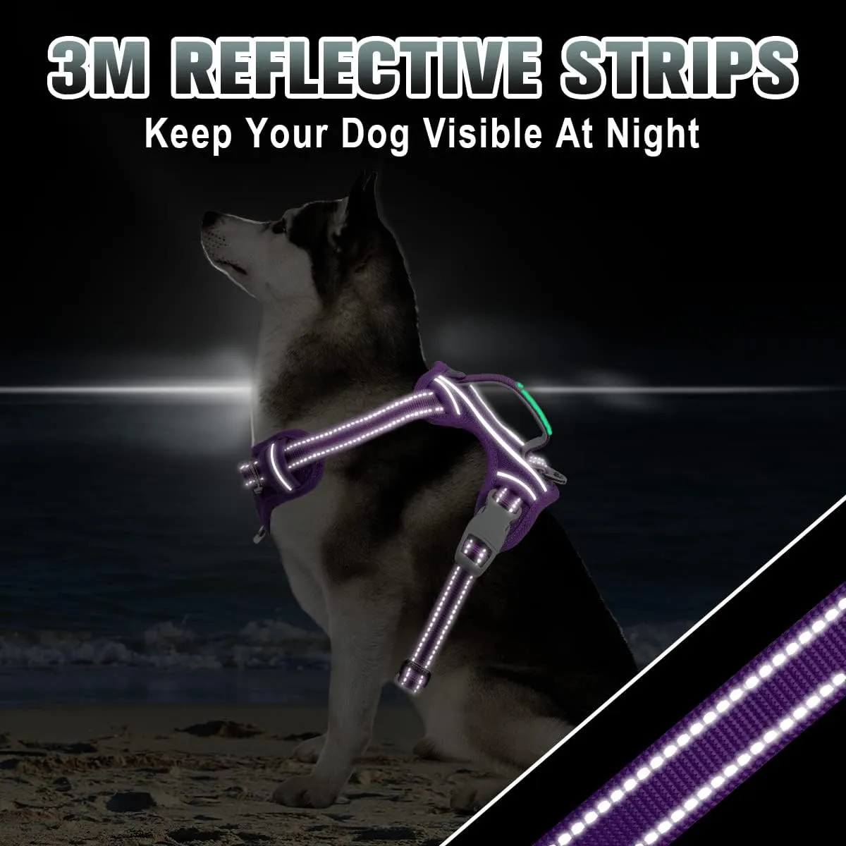 BARKBAY No Pull Dog Harness Large Reflective Dog Harness with Front Clip and Easy Control Handle for Walking Training Running with ID tag Pocket(Purple,L)