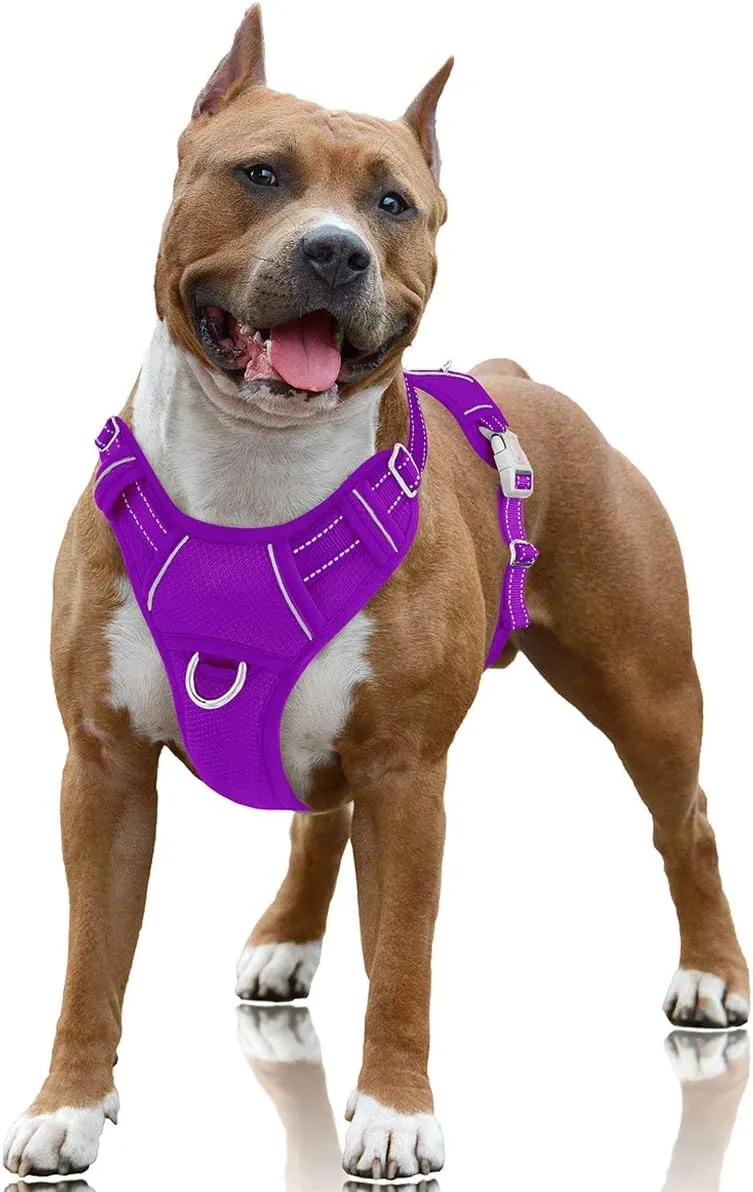 BARKBAY No Pull Dog Harness Large Reflective Dog Harness with Front Clip and Easy Control Handle for Walking Training Running with ID tag Pocket(Purple,L)