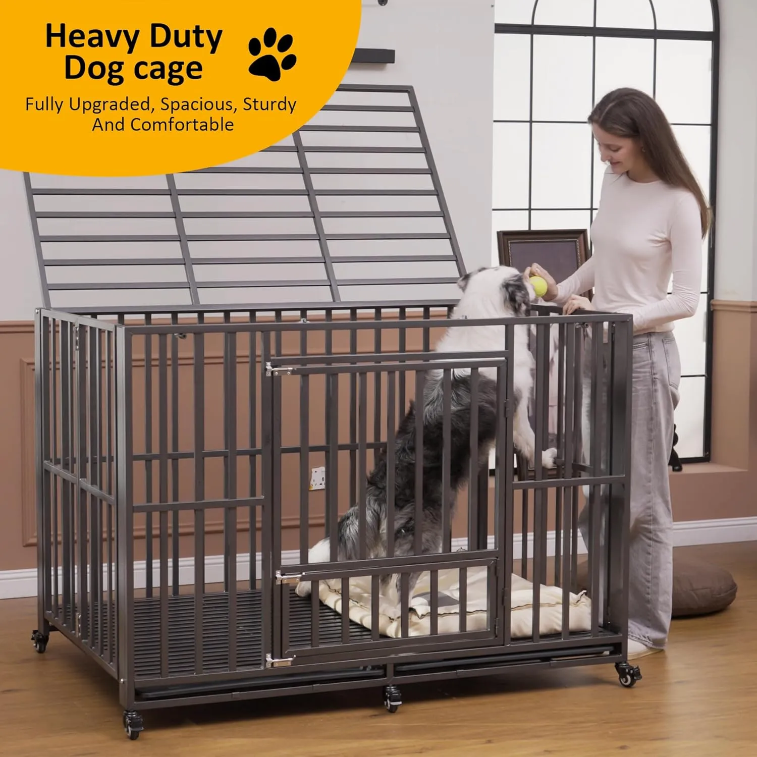 DAKITO 60 inch Heavy Duty Dog Crate, Folding Dog Kennel No Assembly, Escape Proof Large Dog Cage Kennel with Lockable Wheels, High Anxiety Pet Playpen with Double Door Indoor/Outdoor.