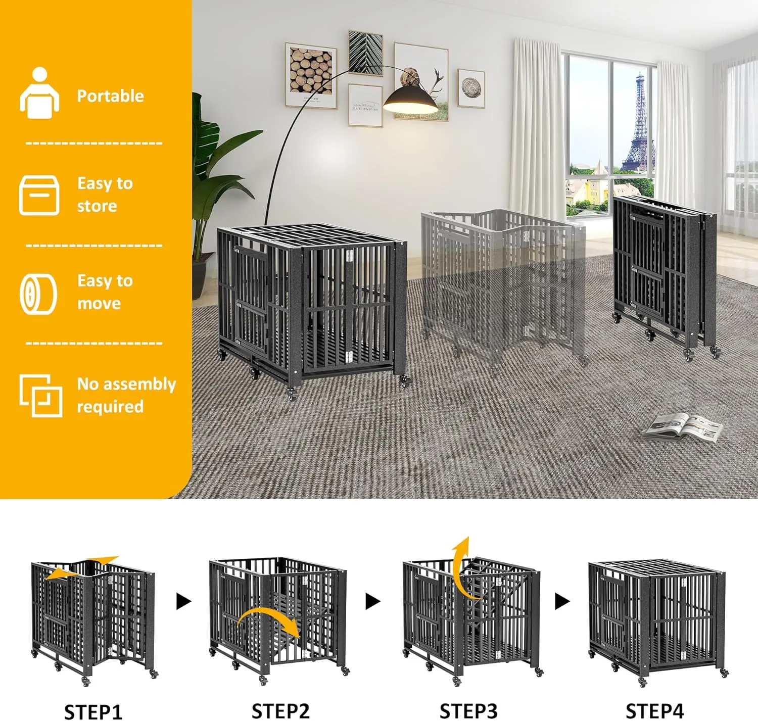 DAKITO 60 inch Heavy Duty Dog Crate, Folding Dog Kennel No Assembly, Escape Proof Large Dog Cage Kennel with Lockable Wheels, High Anxiety Pet Playpen with Double Door Indoor/Outdoor.