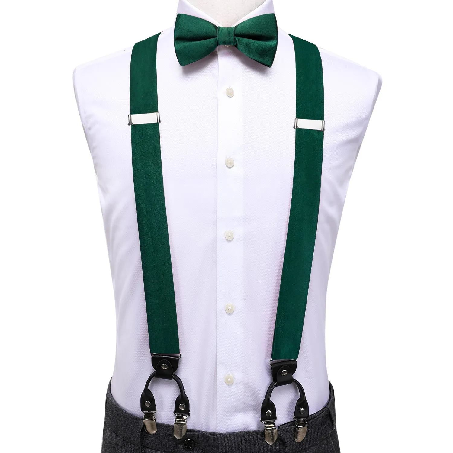DarkGreen Solid Y Back Brace Clip-on Men's Suspender with Bow Tie Set