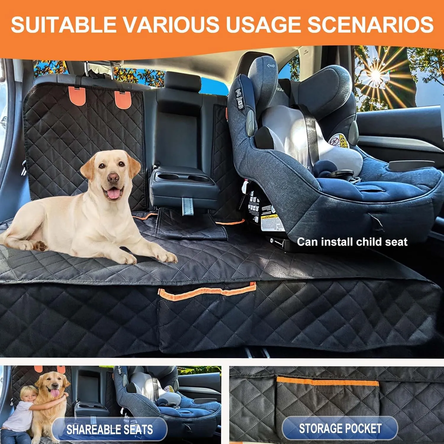 Dog Car Seat Cover for Back Seat Bench Cover, Compatible for Armrest 100% Waterproof & Nonslip Backseat Protector for Pet Standard