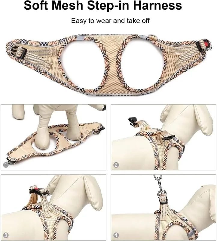 Dog Harness and Leash Set, No Pull Adjustable Reflective Pet Harness for Small Medium Dogs, Easy Walk Step in Vest Harness Outdoor Hiking Training for Extra Small Dogs, Puppy, Cats(Beige, XXS)