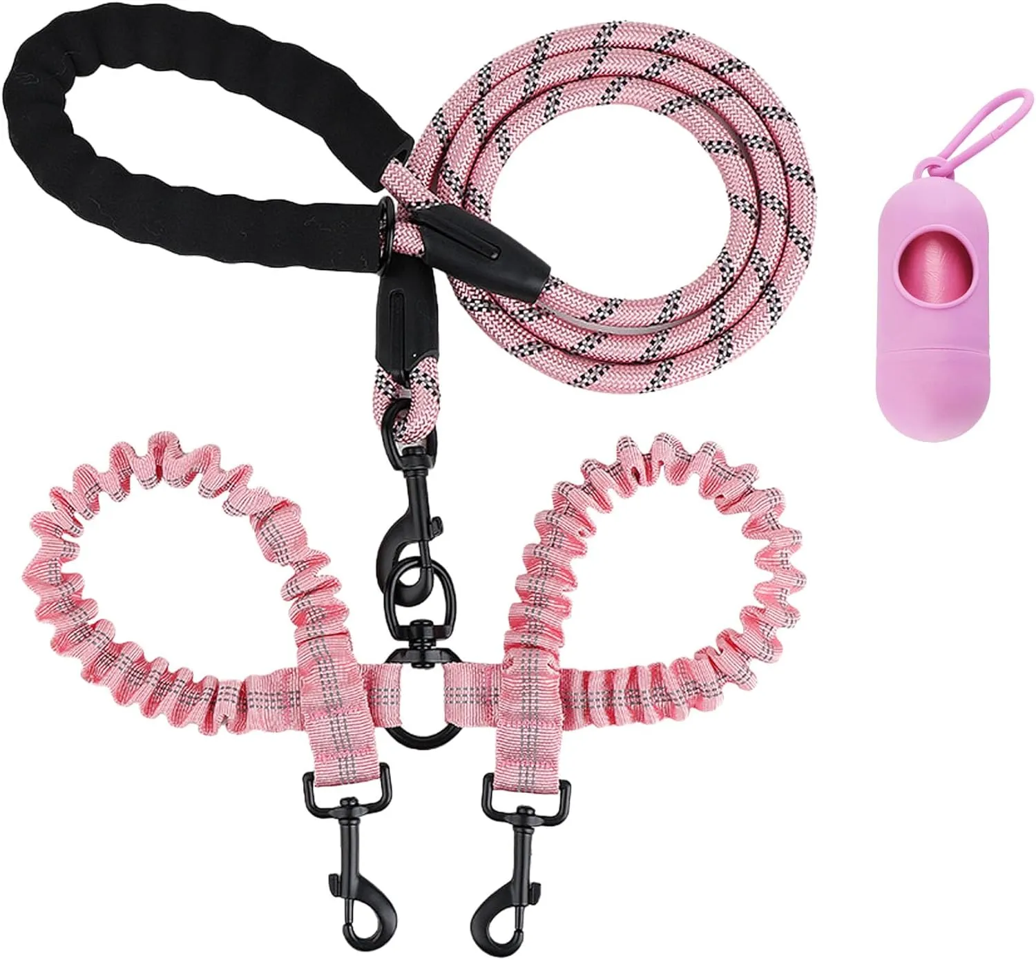 Double Dog Leashes - Rope Reflective Leash with Two Shock Absorbing Bungee Trainning Leashes for Two Dogs - 360 Swivel No Tangle - Light Pink