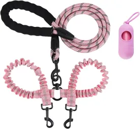 Double Dog Leashes - Rope Reflective Leash with Two Shock Absorbing Bungee Trainning Leashes for Two Dogs - 360 Swivel No Tangle - Light Pink