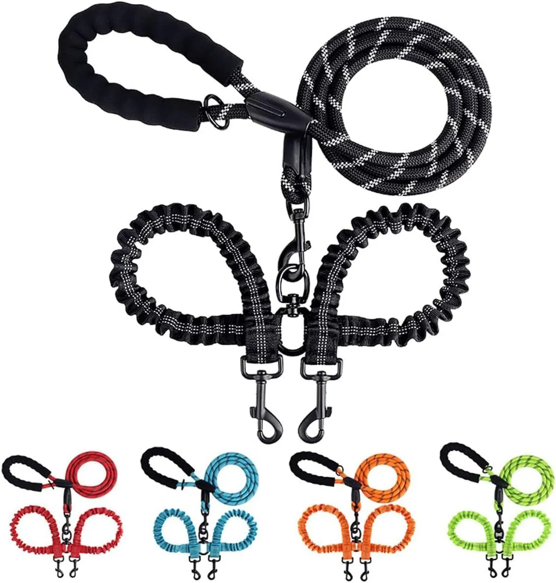 Double Dog Leashes - Rope Reflective Leash with Two Shock Absorbing Bungee Trainning Leashes for Two Dogs - 360 Swivel No Tangle - Light Pink