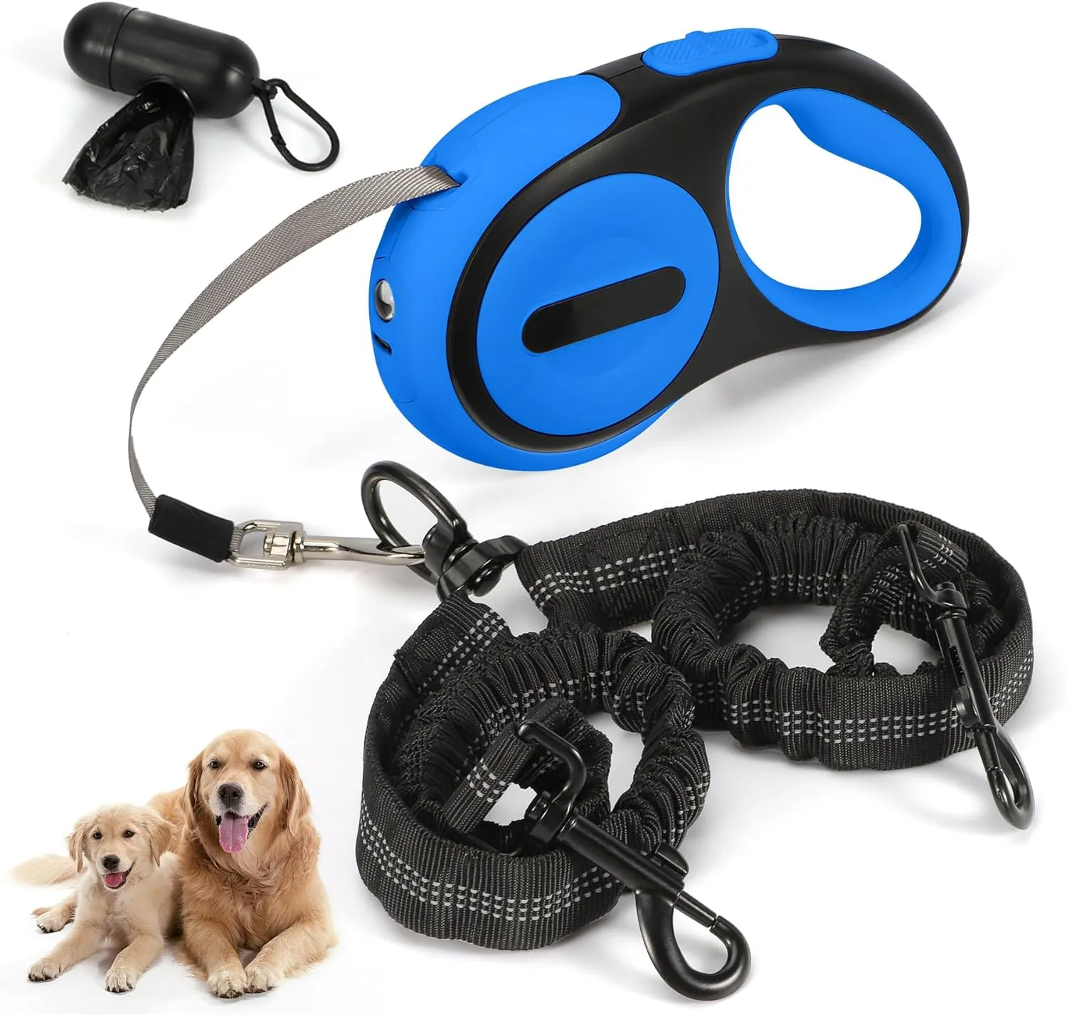 Double Retractable Dog Leash for 2 Large Dogs (Up to 143 Lbs Each), 2 Headed Pet Leash with Poop Bags and Rechargeable LED Light - Tangle-Free Swivel - One Button Break & Lock (Blue, Large)
