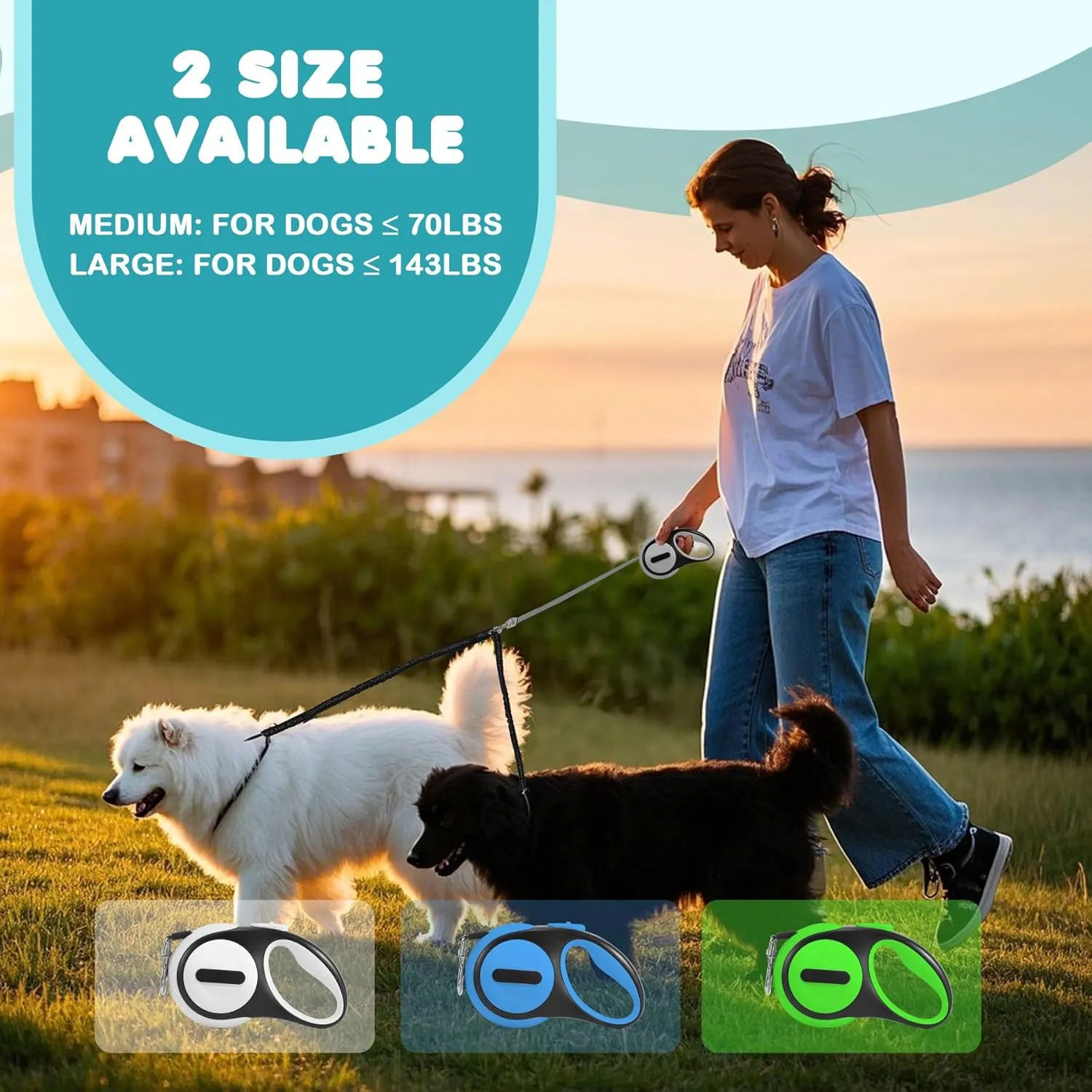Double Retractable Dog Leash for 2 Large Dogs (Up to 143 Lbs Each), 2 Headed Pet Leash with Poop Bags and Rechargeable LED Light - Tangle-Free Swivel - One Button Break & Lock (Blue, Large)