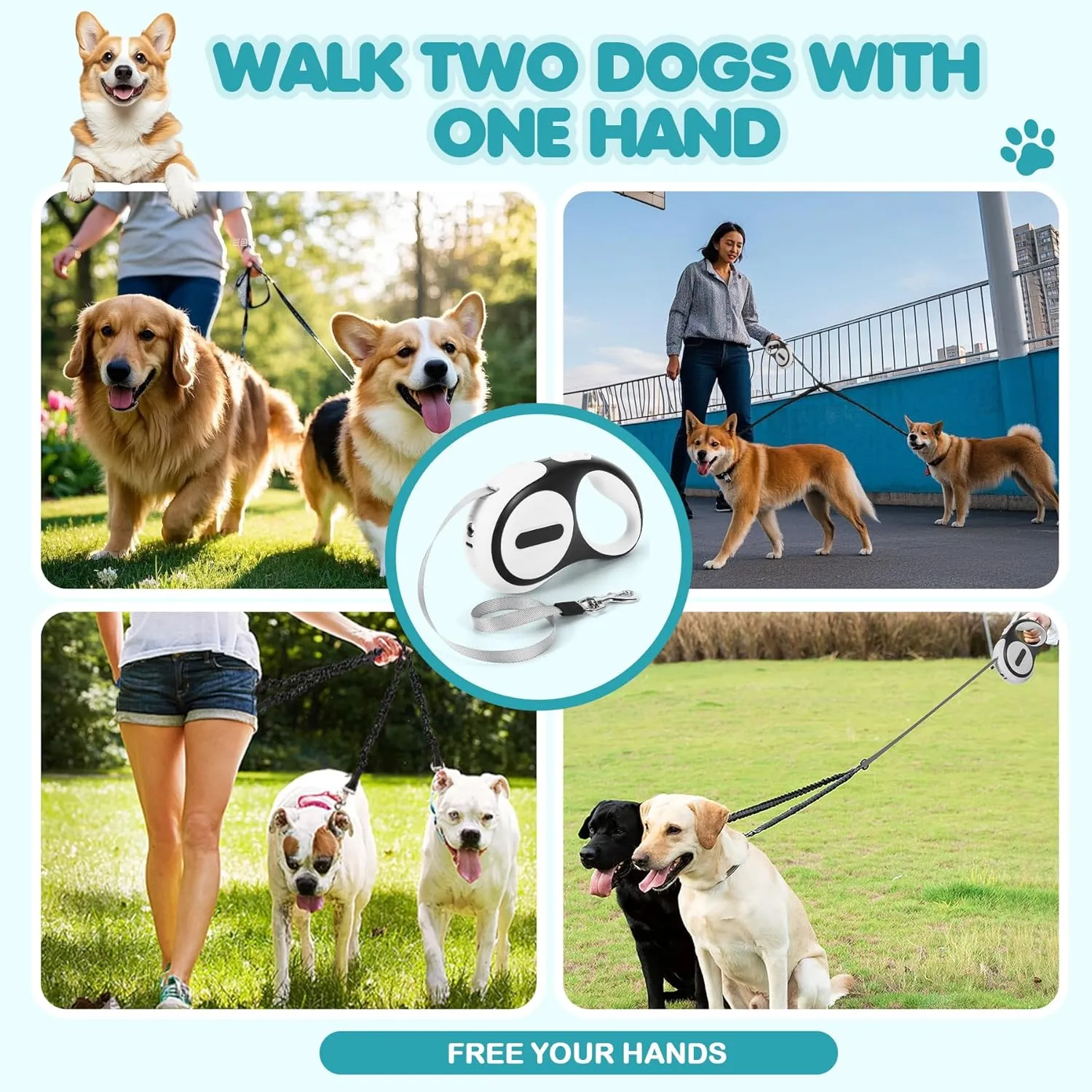 Double Retractable Dog Leash for 2 Large Dogs (Up to 143 Lbs Each), 2 Headed Pet Leash with Poop Bags and Rechargeable LED Light - Tangle-Free Swivel - One Button Break & Lock (Blue, Large)