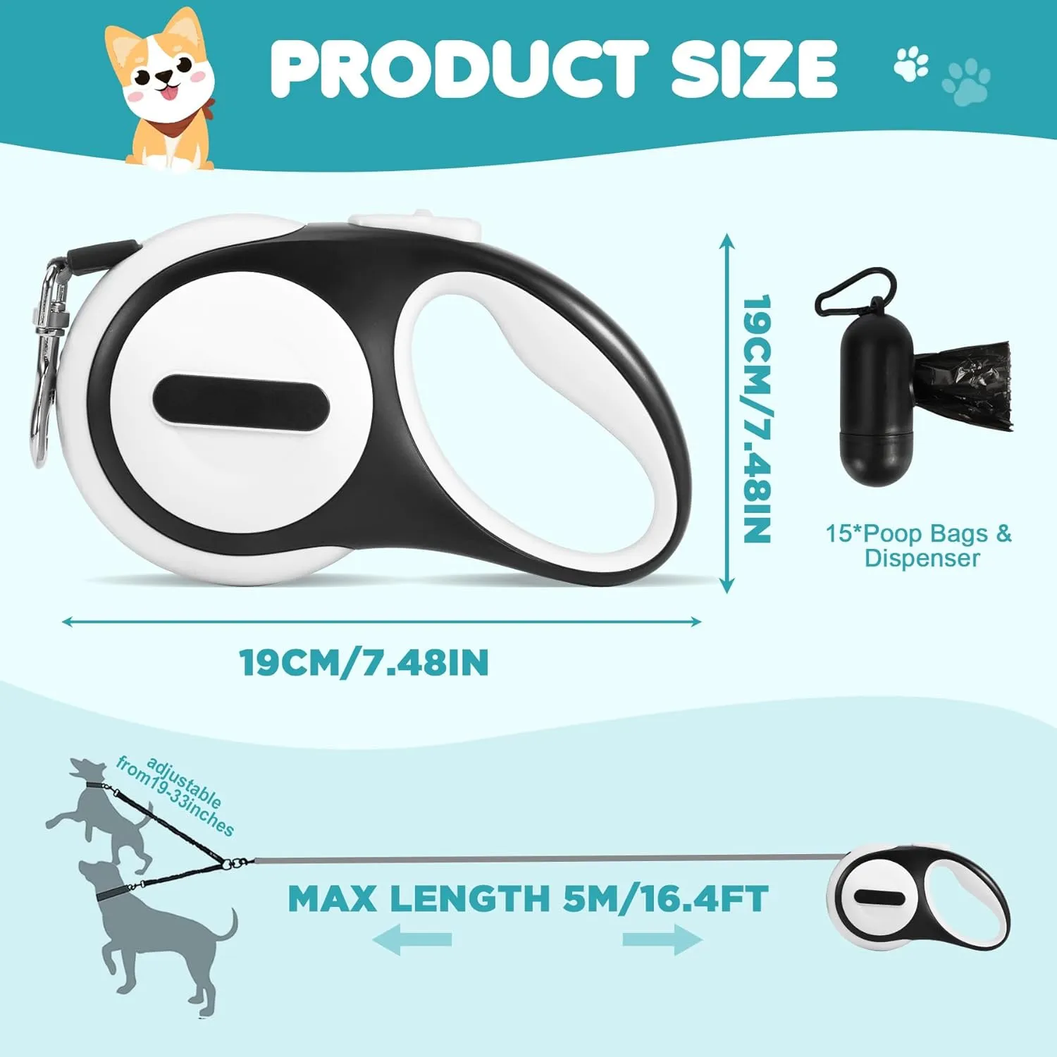 Double Retractable Dog Leash for 2 Large Dogs (Up to 143 Lbs Each), 2 Headed Pet Leash with Poop Bags and Rechargeable LED Light - Tangle-Free Swivel - One Button Break & Lock (Blue, Large)