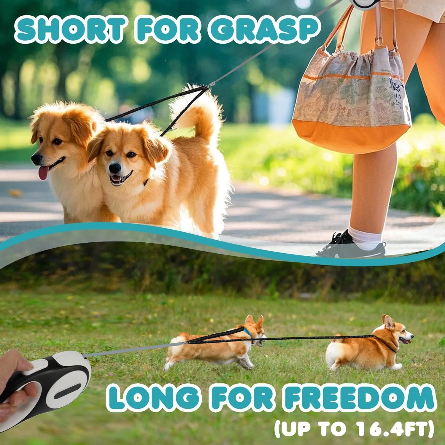 Double Retractable Dog Leash for 2 Large Dogs (Up to 143 Lbs Each), 2 Headed Pet Leash with Poop Bags and Rechargeable LED Light - Tangle-Free Swivel - One Button Break & Lock (Blue, Large)