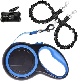Dual Retractable Dog Leash for Walking 2 Small to Large Dogs up to 110 lbs / 50 kg,Double Headed 16 ft Extendable Dog Leash with Poop Bags--Non Slip Grip, 360 Tangle-Free,One Button Break & Lock,Blue