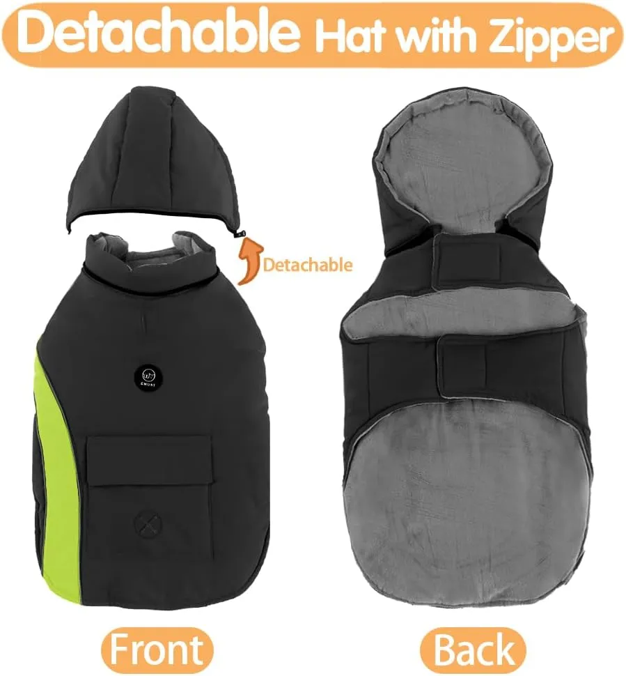EMUST Dog Winter Coats - Windproof Jackets with Hood for Small Dogs, Puppy Apparel for Cold Weather - S/Black