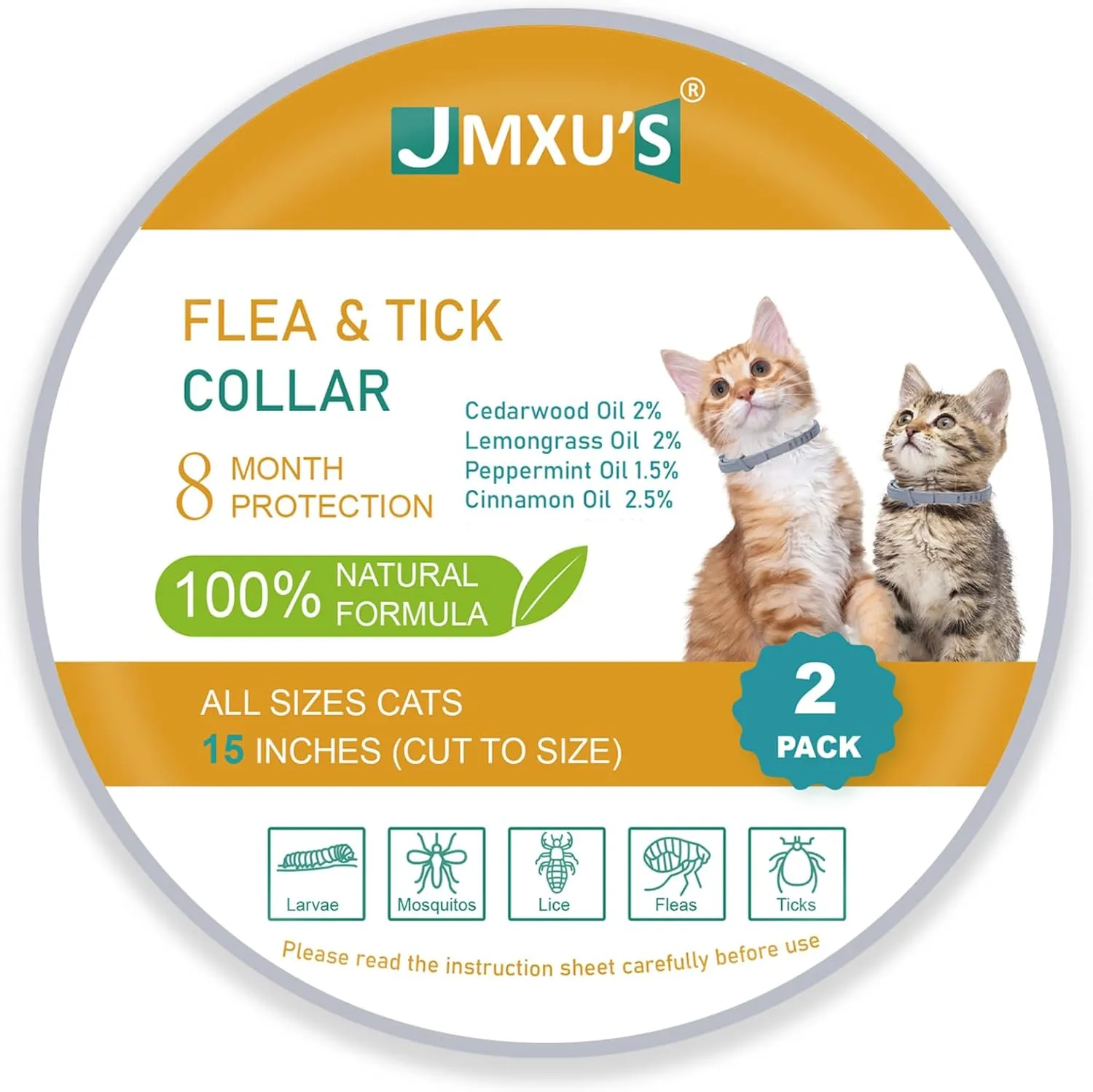 Flea and Tick Collar for Cats &Kitten, Natural Essential Oil Flea and Tick Prevention for Cats, 15 Inch, 8 Month Protection, 2 Pack