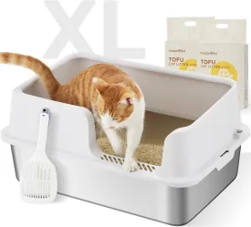 FUKUMARU Stainless Steel Litter Box with Lid, Extra Large Metal Cat Litter Box with Two Bags Litter, High Side Enclosed Litter Tray for Big Cats, Non-Sticky, Easy Cleaning, XL, Includes Litter&Scoop