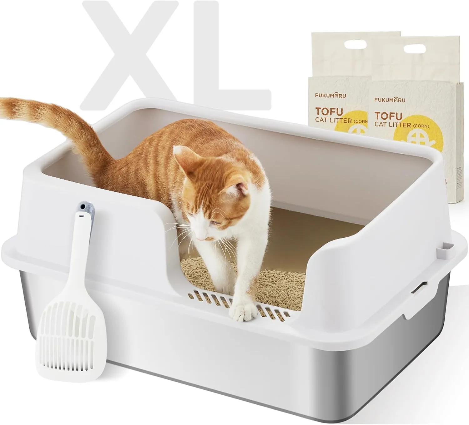 FUKUMARU Stainless Steel Litter Box with Lid, Extra Large Metal Cat Litter Box with Two Bags Litter, High Side Enclosed Litter Tray for Big Cats, Non-Sticky, Easy Cleaning, XL, Includes Litter&Scoop