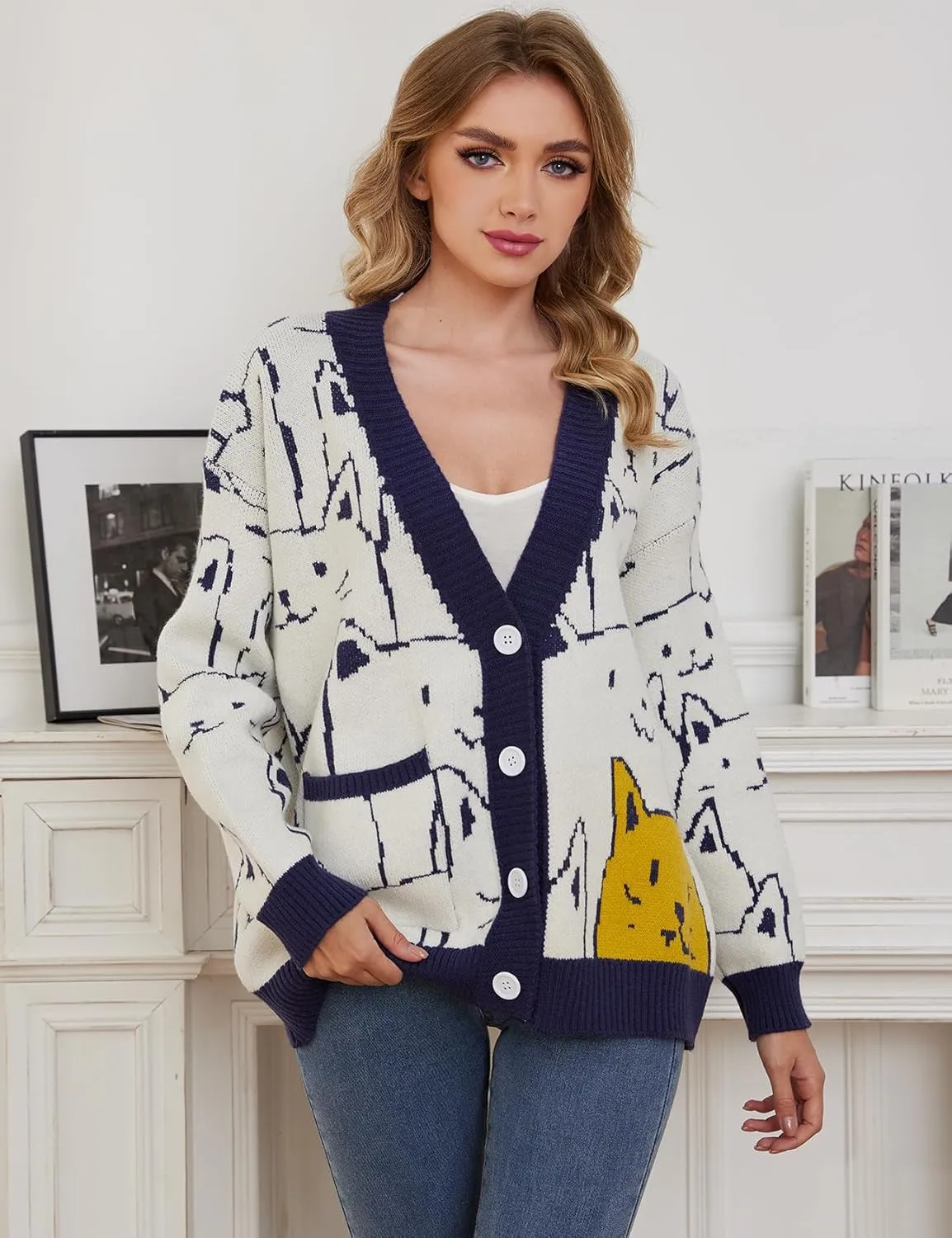 Gihuo Women Cat Sweater Oversized Cute Kawaii Cardigan Knit Graphic V Neck Loose Fit Long Sleeve Cardigan