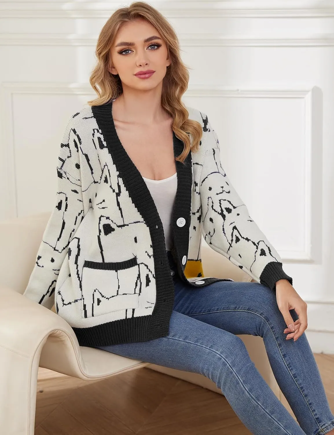 Gihuo Women Cat Sweater Oversized Cute Kawaii Cardigan Knit Graphic V Neck Loose Fit Long Sleeve Cardigan