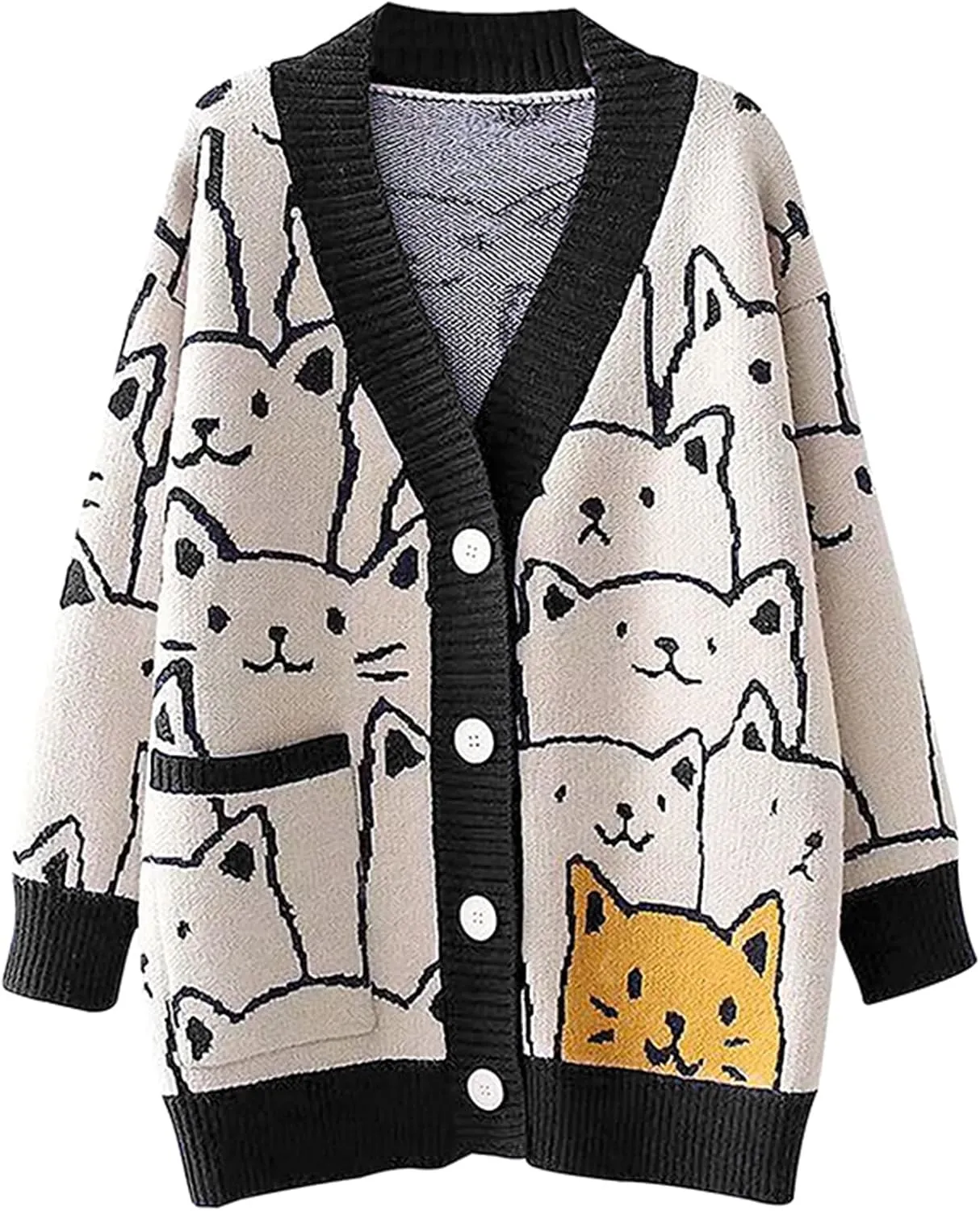 Gihuo Women Cat Sweater Oversized Cute Kawaii Cardigan Knit Graphic V Neck Loose Fit Long Sleeve Cardigan