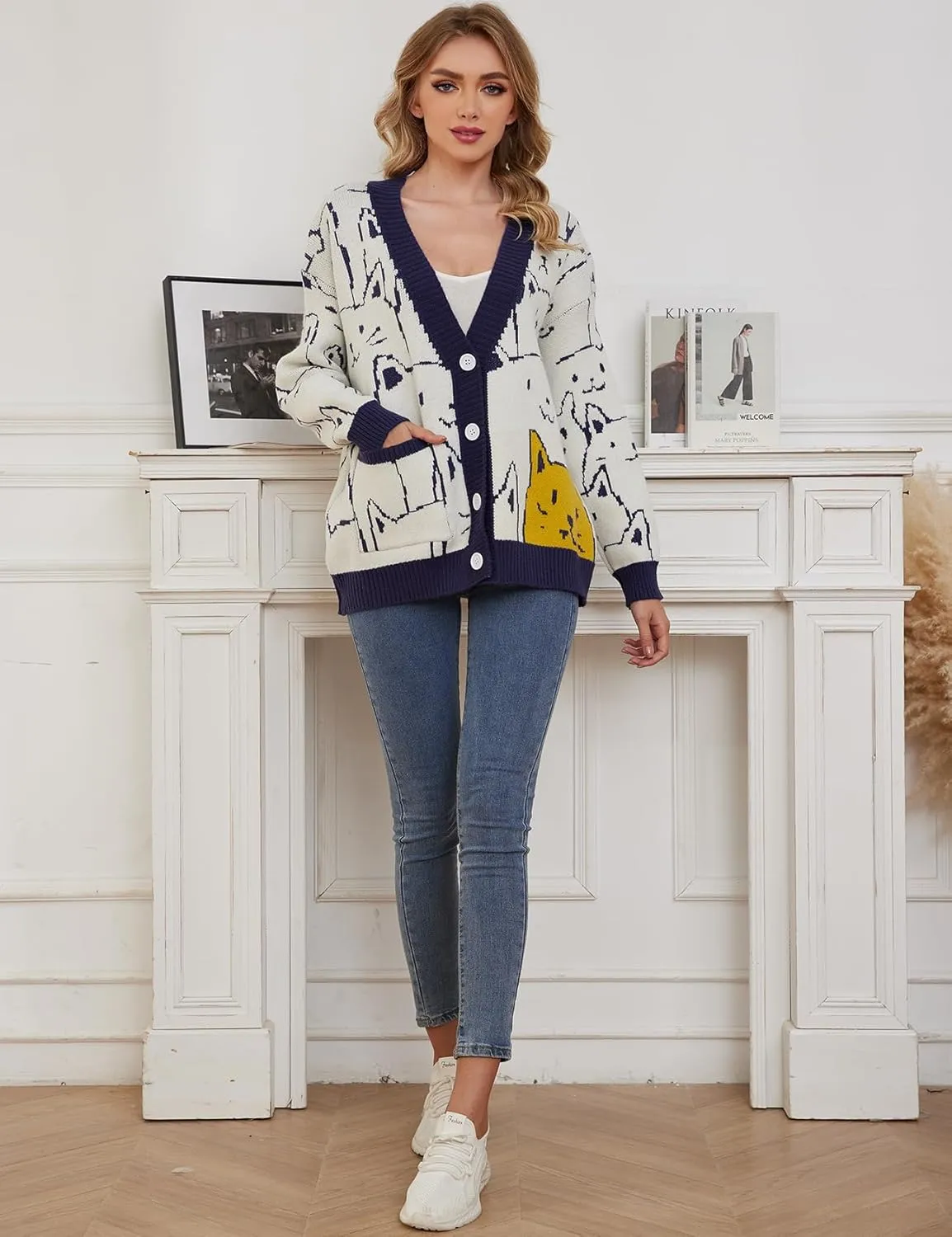 Gihuo Women Cat Sweater Oversized Cute Kawaii Cardigan Knit Graphic V Neck Loose Fit Long Sleeve Cardigan