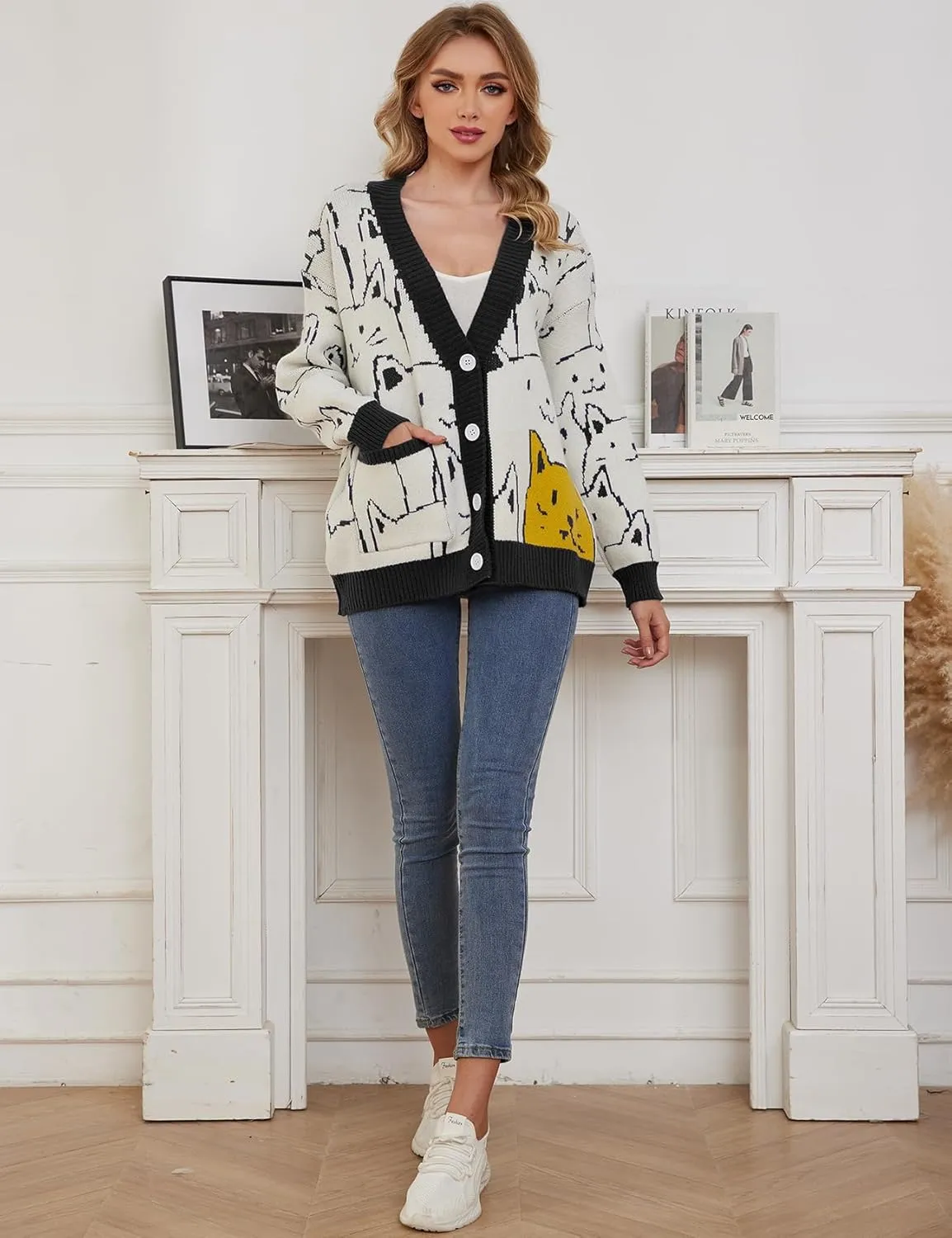 Gihuo Women Cat Sweater Oversized Cute Kawaii Cardigan Knit Graphic V Neck Loose Fit Long Sleeve Cardigan