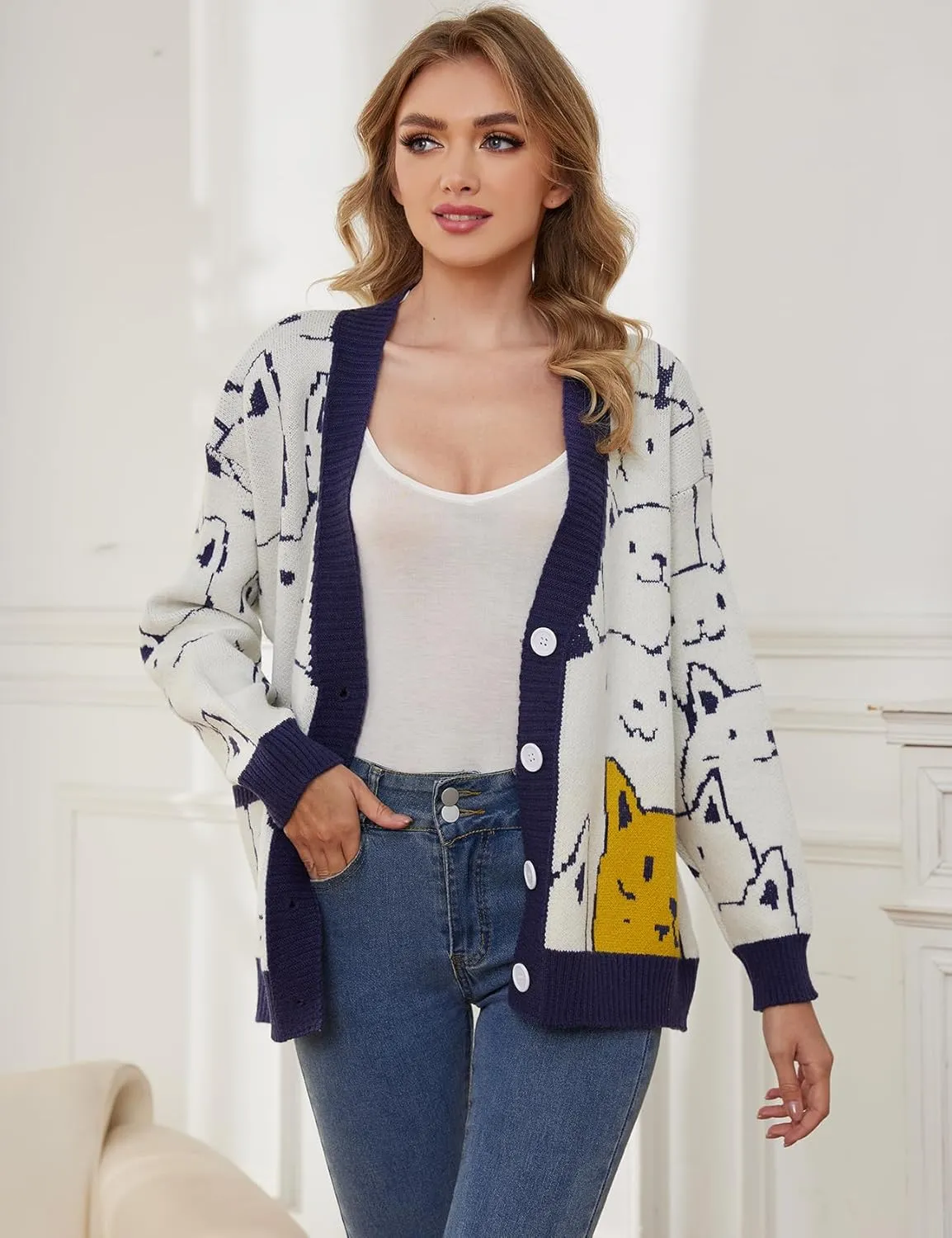 Gihuo Women Cat Sweater Oversized Cute Kawaii Cardigan Knit Graphic V Neck Loose Fit Long Sleeve Cardigan