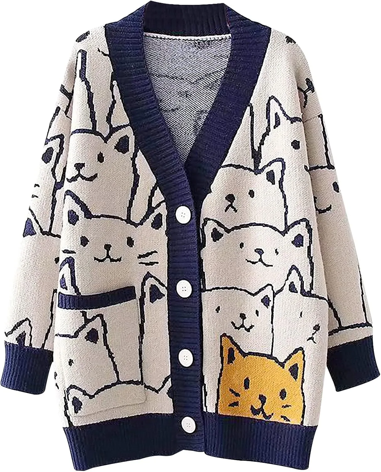 Gihuo Women Cat Sweater Oversized Cute Kawaii Cardigan Knit Graphic V Neck Loose Fit Long Sleeve Cardigan