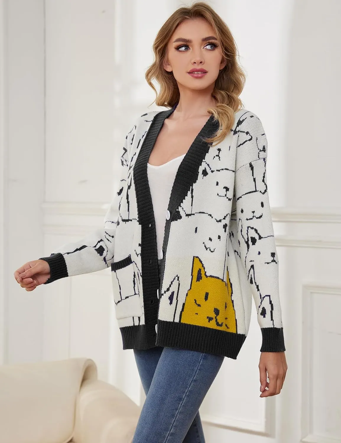 Gihuo Women Cat Sweater Oversized Cute Kawaii Cardigan Knit Graphic V Neck Loose Fit Long Sleeve Cardigan