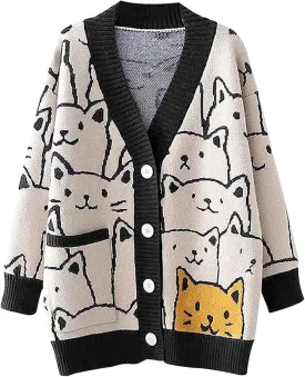 Gihuo Women Cat Sweater Oversized Cute Kawaii Cardigan Knit Graphic V Neck Loose Fit Long Sleeve Cardigan