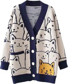 Gihuo Women Cat Sweater Oversized Cute Kawaii Cardigan Knit Graphic V Neck Loose Fit Long Sleeve Cardigan
